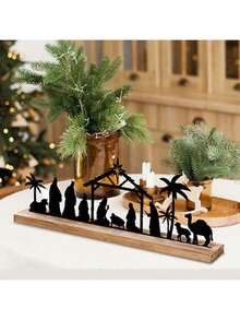 SHEIN Bộ tượng Chúa giáng sinh bằng kim loại cho Giáng sinh, trang trí trong nhà, cảnh Chúa giáng sinh bằng kim loại màu đen với đế gỗ, bộ tượng người Giáng sinh, đồ trang trí bàn Giáng sinh, đồ trang trí bàn Giáng sinh - màu đen - Xem 3