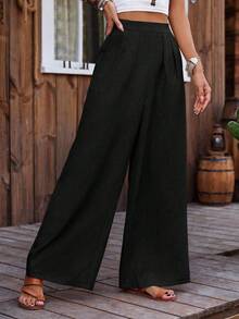 LanaWest Women's Solid Color High Waist Pleated Loose Straight Leg Casual Pants