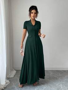 Elenzga Đầm Maxi Tay Ngắn Thắt Nơ Lưng Chữ A Lưng Cao Màu Nâu Thanh Lịch Cho Nữ - Màu xanh lá cây đậm - Xem 6