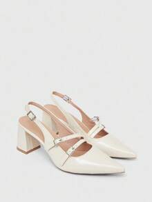 CUCCOO BIZCHIC 女士尖头粗跟穆勒鞋，米色百搭简约百搭通勤工作鞋 - 米色 - 查看 4