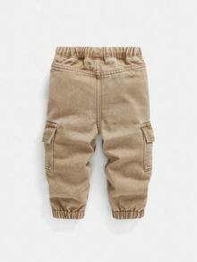 SHEIN Playful Pals 男婴休闲卡其色水洗牛仔工装裤，松紧腰带抽绳，时尚街头时尚，婴儿必备单品，适合日常出游的简约牛仔裤，秋季新品 - 卡其色 - 查看 2