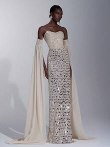 Elitara Váy dạ hội trang trọng xẻ lưng, tay loe dài, thêu kim sa màu mơ và bạc sang trọng, cổ khoét sâu, thanh lịch dành cho nữ - Màu be - Xem 7