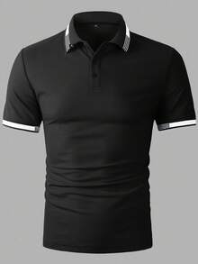 Manfinity Mode 男士撞色装饰纽扣 Polo 衫，休闲夏季短袖 - 黑色 - 查看 3