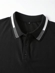 Manfinity Mode 男士撞色装饰纽扣 Polo 衫，休闲夏季短袖 - 黑色 - 查看 4