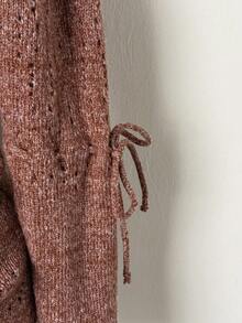 EgrlEra 女士纯色圆领蝴蝶结装饰长袖休闲毛衣，秋季 - 橘色 - 查看 4