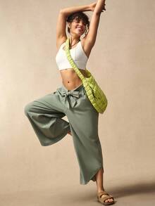 VARSIVA 女士纯色打结腰部阔腿宽松休闲裤 - 綠色 - 查看 11