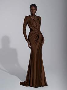 Elitara Elegant & Millennium Futuristic Chocolate Brown Knit Zipper Dress,Hollow Chest Cups,Long Sleeves,Pleated Waist,Slit Hem,Formal Evening Gala Gown - Coffee Brown - View 5