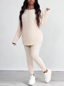 SHEIN PETITE CURVE Bộ 2 áo dài tay màu trơn cỡ lớn và quần dài - Màu be - Xem 3