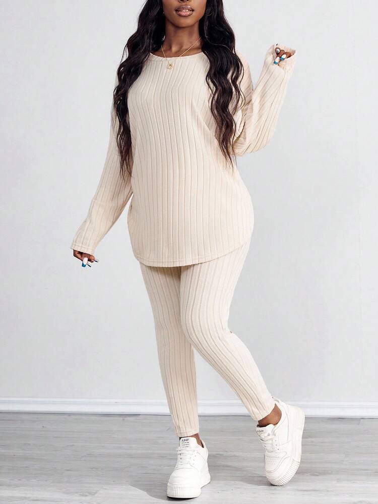 SHEIN PETITE CURVE 2pcs Plus Size Solid Color Long Sleeve Top And Pants Set/Winter - Apricot - View 3