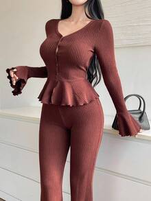 DAZY Damen eleganter einfarbiger Rüschen-Saum Cardigan und Hose 2 Stücke Set, Herbst Loungewear für Frauen - Braun - Übersicht 5