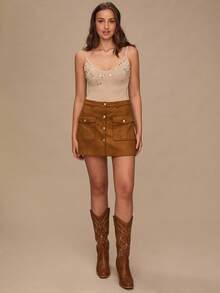 Enchnt Women's Brown And Gold Single-Breasted Cargo Pocket Mini Skirt,Elegant Fashionable Autumn Fall Clothes For Daily Commute,Date,Holiday,Office& - Brown - View 5