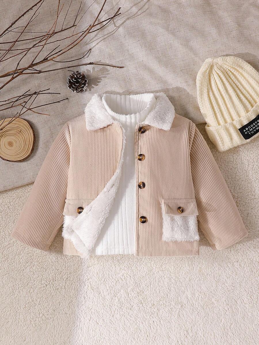 SHEIN Kleinkind Jungen Cord Fleece Warme Bequeme Beige Jacke, geeignet für Herbst/Winter Alltag und Outdoor Aktivitäten
