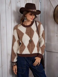 EMERY ROSE Suéter casual de estilo occidental a cuadros multicolor con diamantes de LanaWest para mujer - Marrón - Ver 6