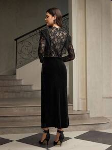 ZEYLAH Vestido maxi elegante con cuello en V, manga larga, parches de encaje y terciopelo, otoño/invierno - Negro - Ver 3