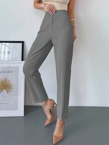 Firerie 女士优雅简约高腰口袋拉链修身杏色九分裤，适合通勤、办公室和日常穿着 - 灰色 - 查看 5