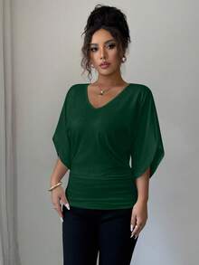 Elenzga Women's Solid Color Mid-Sleeve Fitted Ruched Batwing V-Neck Short Sleeve T-Shirt