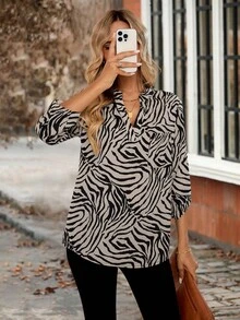 EMERY ROSE 女士春季印花翻领七分袖衬衫，适合秋季穿着的女士工作衬衫，动物纹印花上衣，斑马纹印花衬衫，斑马纹印花上衣，女士外出休闲衬衫 - 彩色 - 查看 6