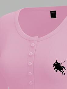 SHEIN EZwear 2件裝女款小馬印花針織長袖T恤，適合秋冬季 - 彩色 - 查看 4