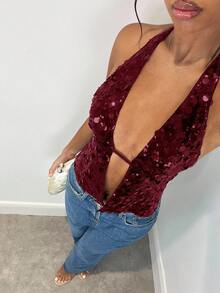 SHEIN BAE 女士优雅露背亮片吊带上衣，适合晚宴、狂欢派对、约会之夜、夜店聚会、秋冬性感装扮、Y2K闪亮圣诞风、圣诞派对女装、节日派对女装、感恩节/性感装扮、夜店风、红色上衣、情人节等场合。 - 酒紅色 - 查看 6