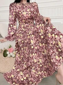 Feyla 女式花卉印花宽松优雅多层休闲连衣裙，长袖圆领 - 酒紅色 - 查看 3
