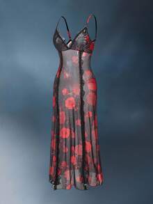 Slumberist الثوب النوم للنساء بأشرطة رفيعة مزين بطبعات الأزهار والكشكشة،تصميم كاجوال - متعدد الألوان - مشاهدة 4