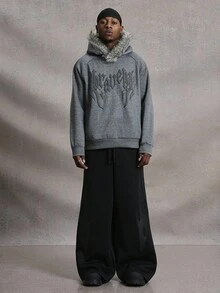 PAVTROS Áo nỉ có mũ trùm đầu thoải mái tay raglan họa tiết chữ cho nam, mùa thu/đông - Màu xám đen - Xem 4