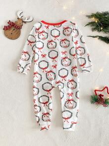 SHEIN Baby Girl Cute Bow All-Over Print Jumpsuit With Zipper,Long Sleeve Romper Snug Fit White,Autumn,Matching Family Christmas Reindeer Pajama Fall Winter - Multicolor - View 2