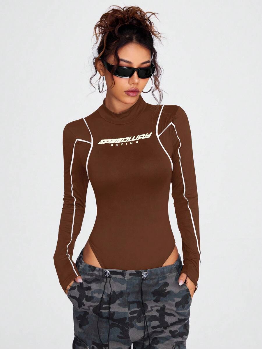 Coolane Bodyduit de manga larga ajustado con cuello alto y bloques de color para mujer, casual y de moda