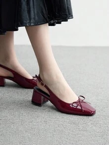 CUCCOO BIZCHIC 女士时尚勃艮第蝴蝶结后带经典低跟粗跟平底鞋，百搭日常穿着、通勤、优雅办公鞋