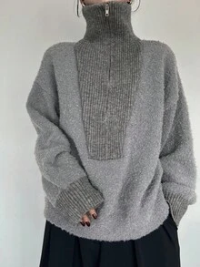 FRIFUL Women's High Neck Half-Zip Contrast Color Patchwork Loose Ribbed Knit Sweater, Warm & Thick - Grey - View 1