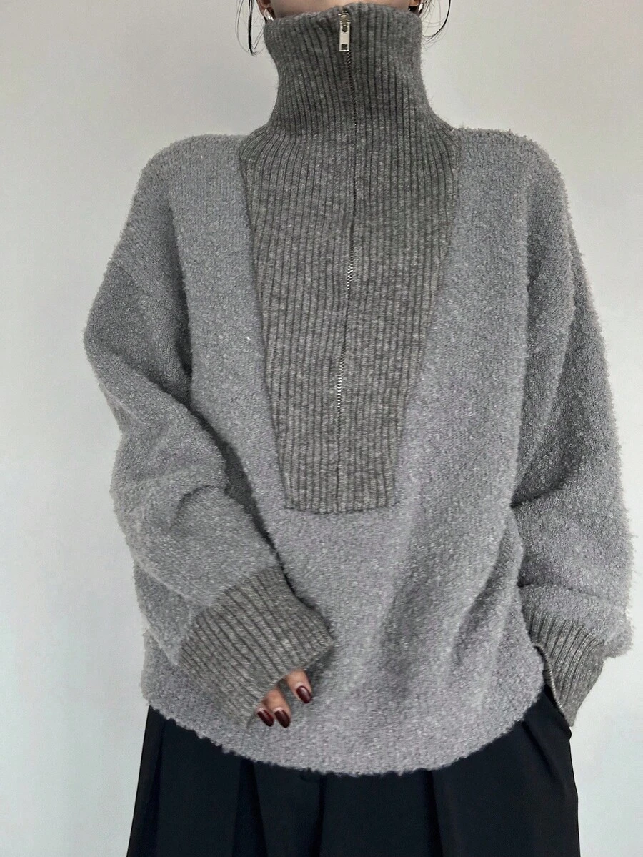 FRIFUL Women's High Neck Half-Zip Contrast Color Patchwork Loose Ribbed Knit Sweater, Warm & Thick - Grey - View 1