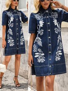 SHEIN Plus Size Casual Vacation Solid Color Embroidered Denim Dress - Dark Wash - View 7