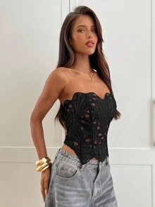 Aloruh 女士新款纯黑色露脐上衣，抹胸式胸衣，派对装，复古时尚Y2K蕾丝束身衣，无肩带束身衣，适合万圣节、秋冬派对，哥特风无肩带蕾丝上衣 - 黑色 - 查看 6