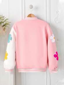 SHEIN Girls' Casual Fashionable Versatile Colorful 3D Floral Contrast Color Loose Baseball Jacket Coat, Spring/Autumn Fall Winter - Multicolor - View 2