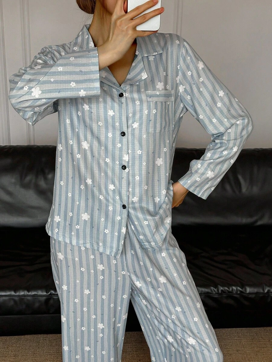 Dream Adore Women Striped Floral Textured Fabric Print Long Sleeve Top & Pants Blue And White Vintage Pajama Set, Fall Clothes - Multicolor - View 1