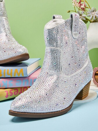 Mini mi #Princessready Girls' Sparkly Crystal Silver Western Boots –Cowgirl Booties With Pointed Toe, Low Heel & Party-Ready Shine For Holiday, Dress-Up & Stage Looks