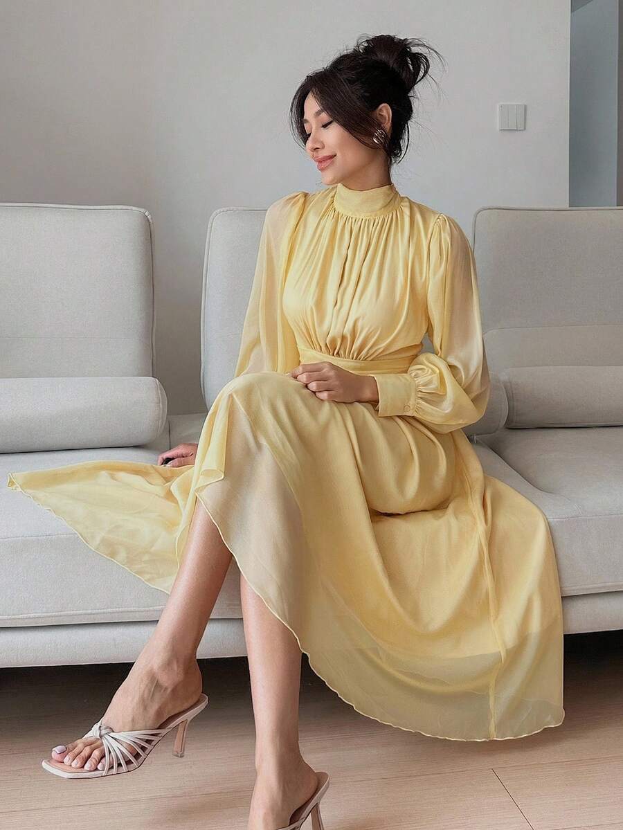 DAZY Đầm dự tiệc, hẹn hò, dáng rộng, dài ngang gối dành cho nữ, đầm thường ngày, đầm sinh nhật, quần áo cỡ lớn cho nữ, đầm dự tiệc mùa hè, đầm dạ hội, đầm thanh lịch cho nữ. - Màu vàng - Xem 1