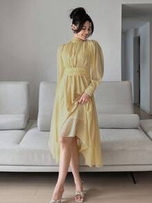 DAZY Đầm dự tiệc, hẹn hò, dáng rộng, dài ngang gối dành cho nữ, đầm thường ngày, đầm sinh nhật, quần áo cỡ lớn cho nữ, đầm dự tiệc mùa hè, đầm dạ hội, đầm thanh lịch cho nữ. - Màu vàng - Xem 6