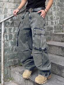 Manfinity EMRG Pantalones cargo de hombre con bolsillo con solapa y diseño de panel lateral (sin cinturón) - Azul - Ver 6