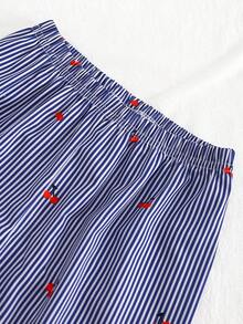 Rosa ribbad körsbärsmönstrad långärmad topp och ribbade byxor för ung flicka