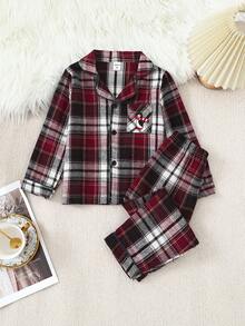 SHEIN Bộ đồ mặc nhà thường ngày cho bé trai với áo cardigan cổ kẻ caro tối giản cổ điển và quần dài - Nhiều màu - Xem 5