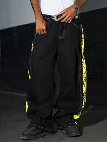 Manfinity EMRG 男士撞色拼布龙纹牛仔裤 - 黑色 - 查看 6