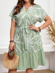 Miaspire Plus Size Women Line Pattern V-Neck Bat Sleeve Casual Elegant  Dress  Spring Outfits For Women  Summer Outfits  Vacation Outfits Woman Country Outfits Women