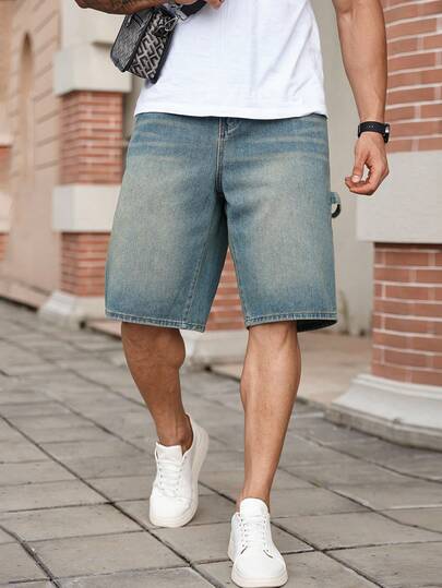 Manfinity Homme Plus Size Męskie Luźne Jeansowe Szorty Z Kieszeniami I Wytartymi Wzorami