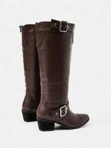 Styleloop Women's Studded, Zipper, Embroidered Decor Chunky Heel Pointed Toe Slip-On Boots, Suitable For Festivals, Outdoor, Ladies Over-The-Knee Boots For Halloween, Christmas, Autumn, Western, Core - Coffee Brown - View 5