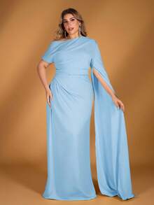 SHEIN Belle 加大码优雅浪漫黄色不对称肩部不对称袖子荷叶边美人鱼下摆长袖连衣裙，适合晚会、约会、度假、舞会、婚礼、伴娘 - 淺藍色 - 查看 6