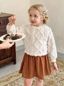 LMoss Kids LMoss 女童纯色圆领休闲卫衣，女童秋季服装，儿童秋季连衣裙，圣诞节，冬季服装，套头衫，圣诞毛衣，舒适秋冬装，温暖秋冬风格，长袖上衣 - 杏色 - 查看 5