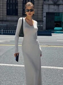 DAZY Vestido de mujer de unicolor con cuello en V y pliegues, de longitud media, para otoño - Gris - Ver 8