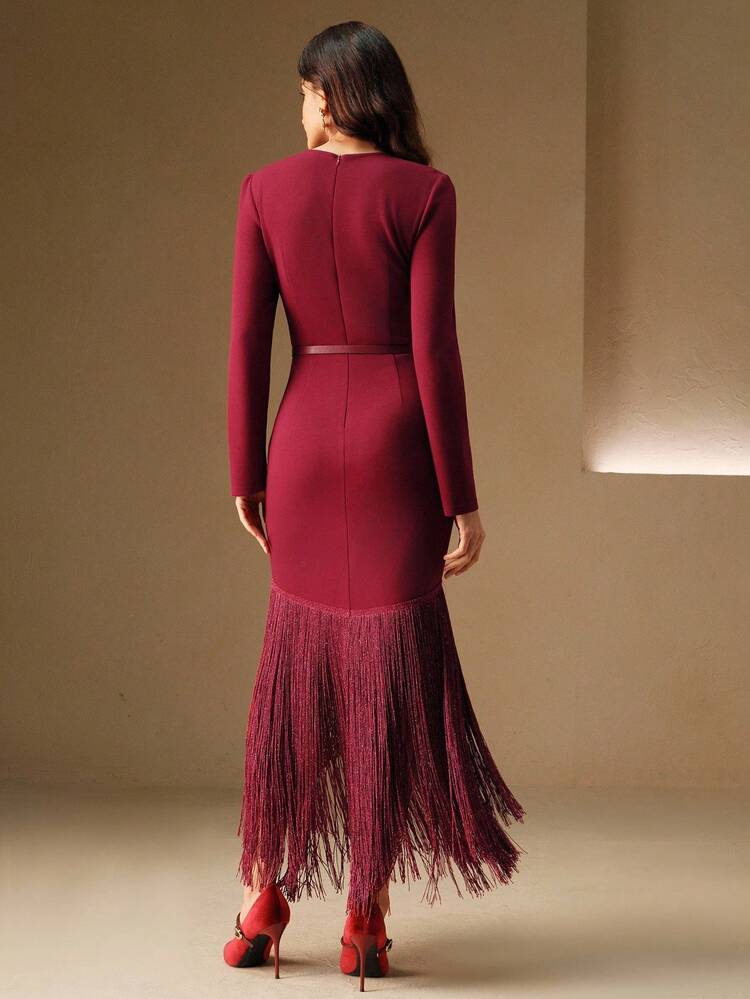 Autumn/Winter Women's Elegant Tassel Rhinestone Fitted Knit Dress, Suitable For Party, Going Out, Formal Occasions