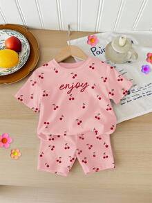 SHEIN 2 sztuki/zestaw dla młodej dziewczyny, swobodny, minimalistyczny zestaw z krótkim rękawem, top i spodenki, odpowiedni na lato - Wielokolorowe - Zobacz 3